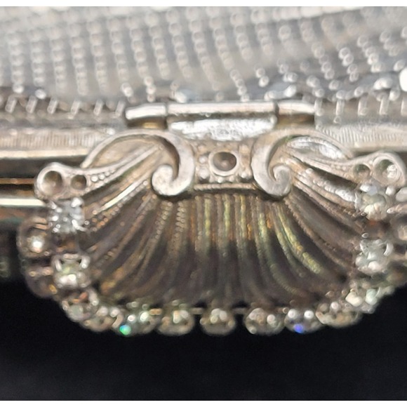 Whiting & Davis Silver Mesh Evening Bag Rhinestone Shell Clasp Vintage Purse